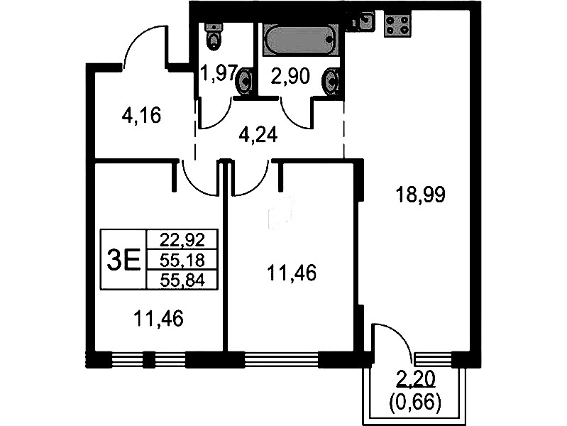 2-комнатная квартира 55.84 м², 13/15 эт., ЖК «Невская Долина»